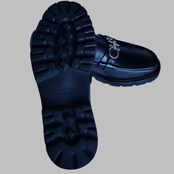 Authentic Salvatore Ferragamo Lug Sole Black Leather Gancini Loafers